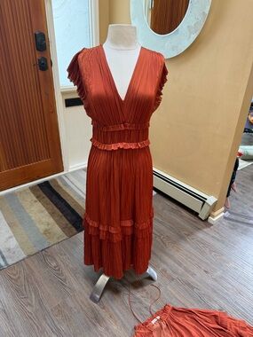 Ulla Johnson Rust Red Ruffled V-Neck Midi Dress